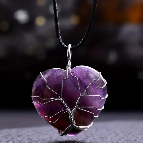 Amethyst Heart Shaped Natural Gemstone Tree Of Life Wire Wrap Pendant Ne… - Picture 2 of 2